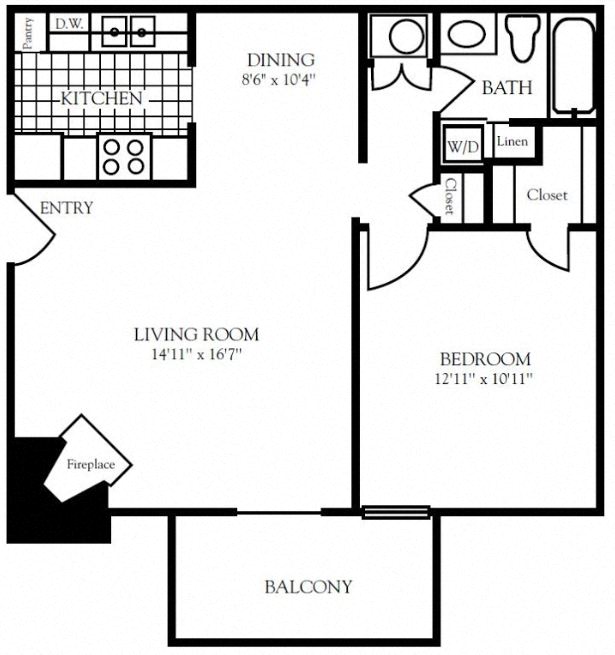 Floor plan for 1 bed, 1 bath, 700 sqft